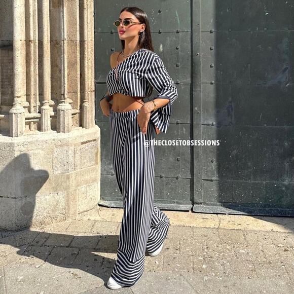 ZARA Striped Co Ord Set NWT | Asymmetric One Shoulder Top + Wide Leg Pants - Picture 9 of 16